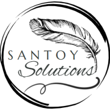 Santoy Solutions LLC Logo; The words Santoy Solutions over a swooping line written by a feather pen